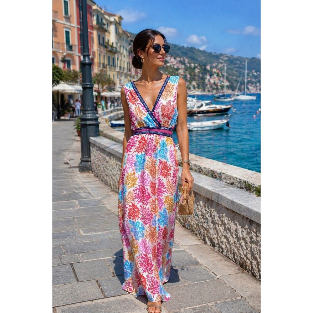 Nikki Poulos Dress S Hawaiian Coral Print Flowy Crochet Band Long Coastal Maxi